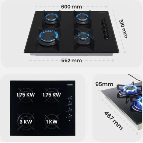 AREBOS Piano Cottura A Gas Due Fuochi Vetroceramica Include Griglie E Fiamma Pilota 7 AREBOS Piano Cottura A Gas Due Fuochi Vetroceramica Include Griglie E Fiamma Pilota - immagine 5