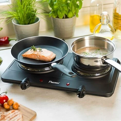 Doppia Piastra In Ghisa Nera Piano Cottura Da Campeggio Elettricamente Portatile 750/1500 Watt Bestron AHP250D 4 Doppia Piastra In Ghisa Nera Piano Cottura Da Campeggio Elettricamente Portatile 750/1500 Watt Bestron AHP250D - immagine 2
