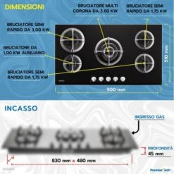 PremierTech PC5G90V Piano Cottura A Gas 5 Fuochi 90cm Vetro Nero -Elettrodomestici Negozio 70294359 3