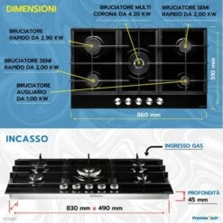 PremierTech PC905G Piano Cottura A Gas 90cm (86cm) Nero 5 Fuochi In Vetro -Elettrodomestici Negozio 70294377 3