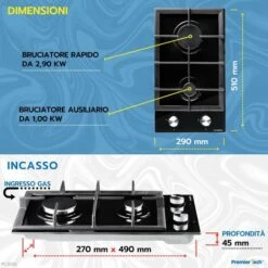 PremierTech PC302G Piano Cottura A Gas Domino 2 Fuochi 30cm Vetro Nero -Elettrodomestici Negozio 70294394 3