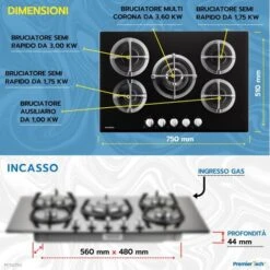 PremierTech PC5G75V Piano Cottura A Gas 5 Fuochi 75cm Vetro Nero -Elettrodomestici Negozio 70294397 3