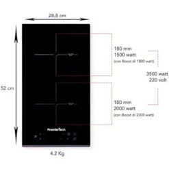 PT-PC2I PremierTech Piano Cottura Induzione 30cm 2 Fuochi Da Incasso Funzione Boost Touch Control Display Led Vetro Front Edge -Elettrodomestici Negozio 77553661 3